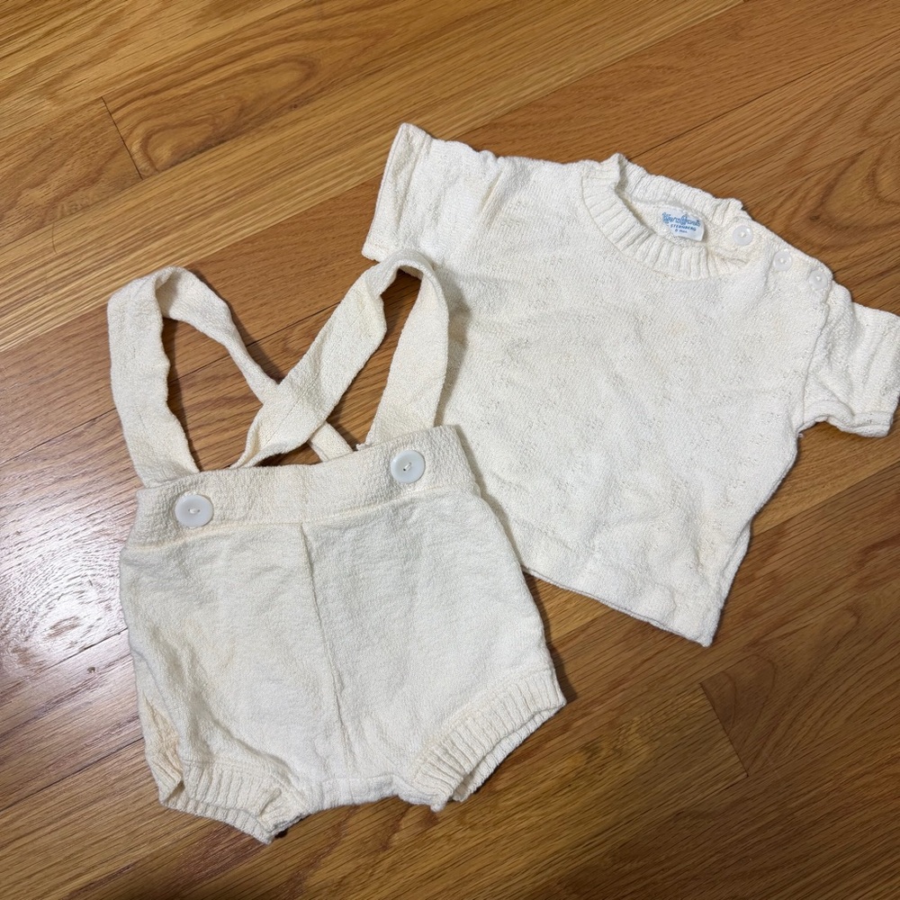 Vintage Baby Cotton Matching Set Cream Shorts Overalls shirt 6 months